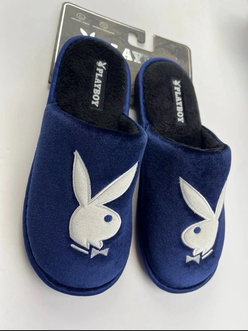 PLAYBOY Memory Foam Indoor Outdoor Navy Blue/White Slippers Mens Sz L